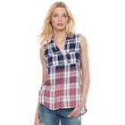 Women's Rock & Republic&reg; Sleeveless Plaid Shirt, Size: Medium, Blue