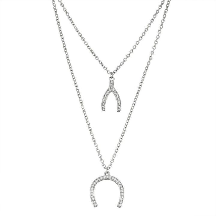Sterling Silver Cubic Zirconia Wishbone & Horseshoe Layered Necklace, Women's, Size: 16, White