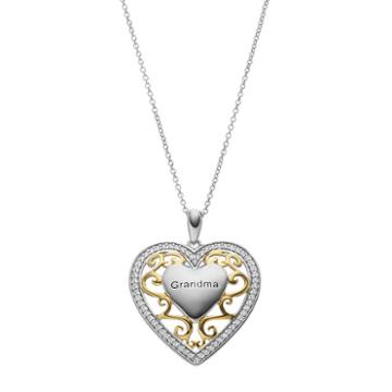 Sentimental Expressions Two Tone Sterling Silver Cubic Zirconia Grandma Heart Necklace, Women's, Size: 18, Grey