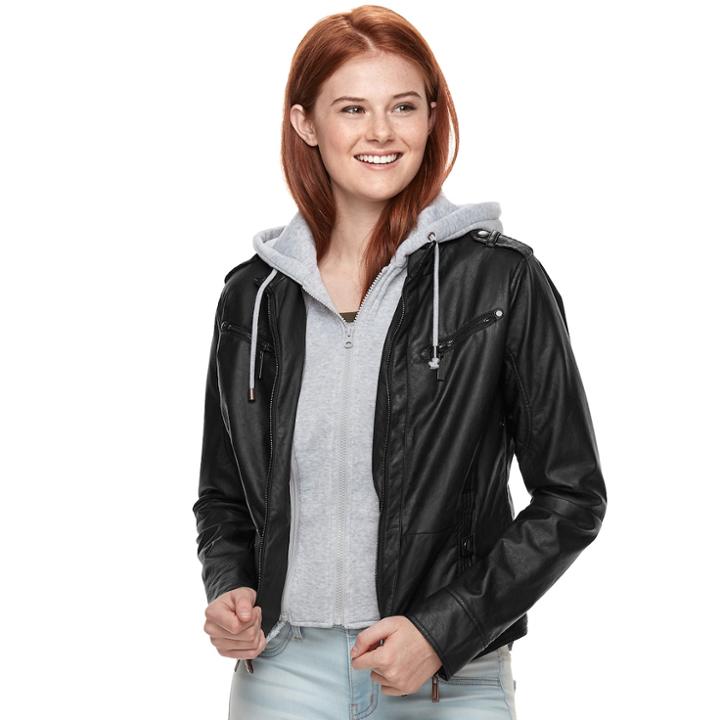 Juniors' J-2 Sherpa-lined Faux Leather Jacket, Teens, Size: Medium, Black