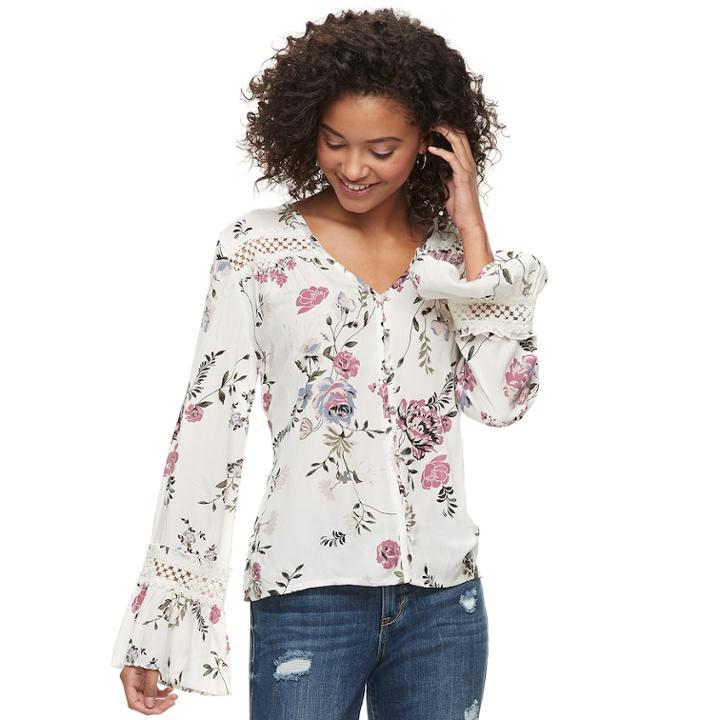 Juniors' American Rag Floral Bell Sleeve Blouse, Size: Large, White
