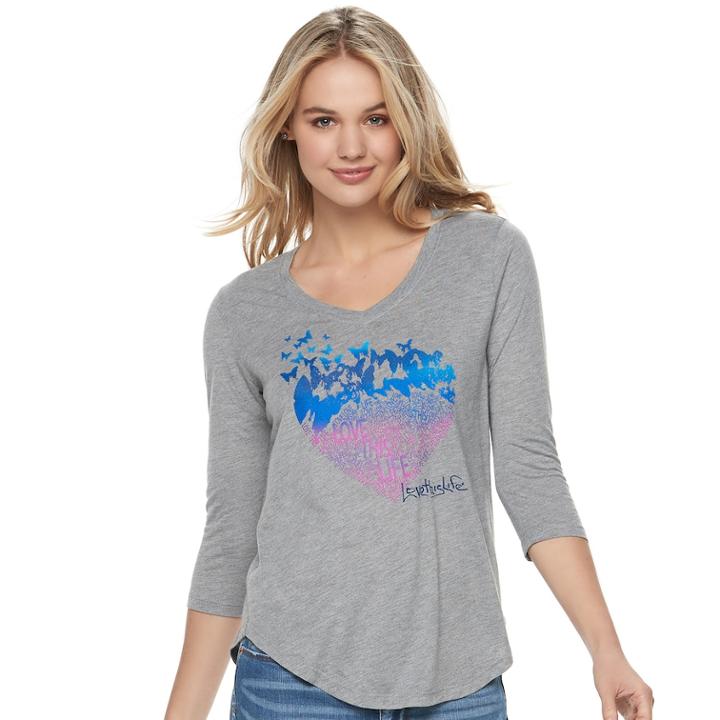 Juniors' Love This Life Butterfly Heart Graphic Tee, Teens, Size: Large, Gray Heather