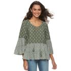 Juniors' Mudd&reg; Printed Lace-up Peasant Top, Girl's, Size: Medium, Med Green