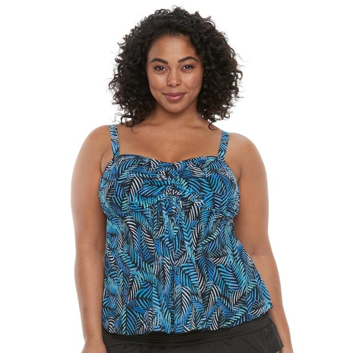 Plus Size A Shore Fit Tummy Slimmer Mesh Bandeaukini Top, Women's, Size: 16 W, Blue