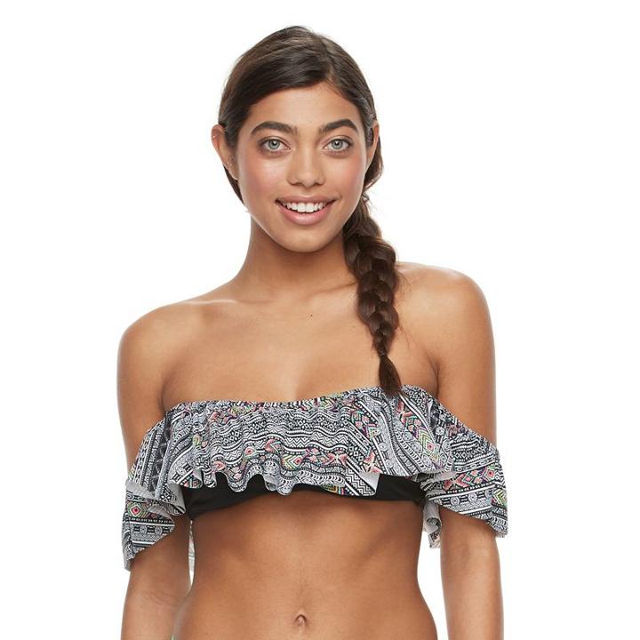 Mix And Match Geometric Off-the-shoulder Bikini Top, Girl's, Size: Xs, Black