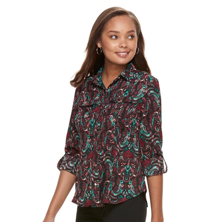 Petite Dana Buchman Patterned Button-down Shirt, Women's, Size: M Petite, Dark Red