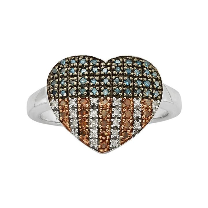 Sterling Silver 1/4-ct. T.w. Red, White And Blue Diamond American Flag Heart Ring, Women's, Size: 7, Multicolor