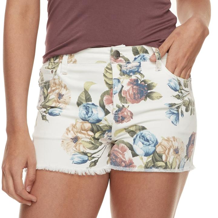 Juniors' Tinseltown Midrise Floral Print Jean Shorts, Teens, Size: 5, White