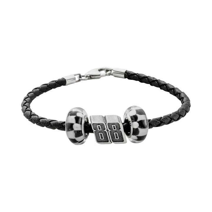 Insignia Collection Nascar Dale Earnhardt Jr. Leather Bracelet And Sterling Silver 88 Bead And Checkered Flag Set, Women's, Size: 7.5, Grey
