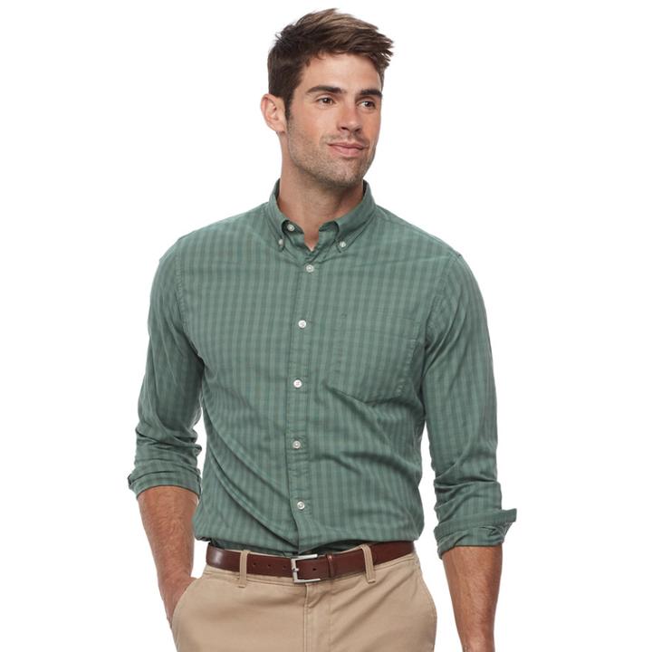 Men's Sonoma Goods For Life&trade; Flexwear Slim-fit Plaid Poplin Button-down Shirt, Size: Medium, Green