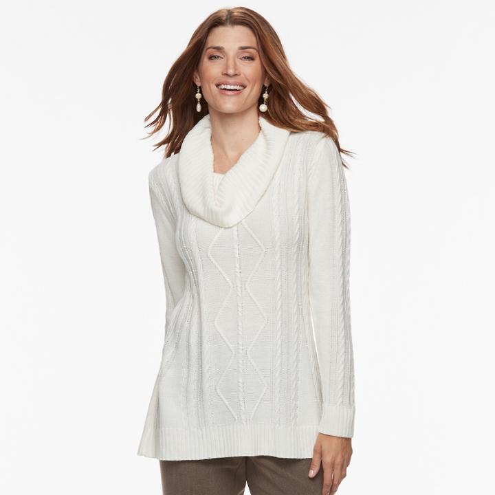 Petite Napa Valley Cable-knit Cowlneck Tunic, Women's, Size: M Petite, Natural