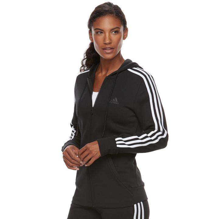 Women's Adidas Essential Fleece 3 Stripe Zip-up Hoodie, Size: Xs, Black
