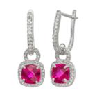 Sterling Silver Lab-created Ruby And Lab-created White Sapphire Square Halo Drop Earrings, Women's, Red