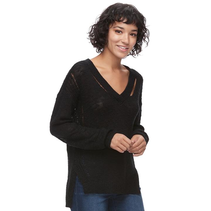 Juniors' Mudd&reg; Cut-out V-neck Sweater, Teens, Size: Medium, Black
