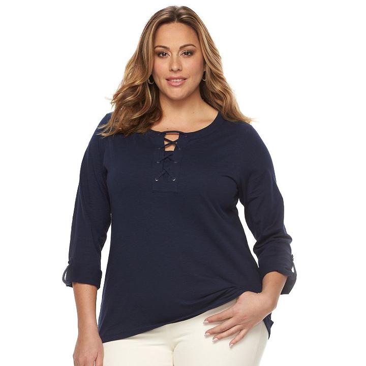 Plus Size Croft & Barrow&reg; Lace-up Roll-tab Tee, Women's, Size: 1xl, Blue