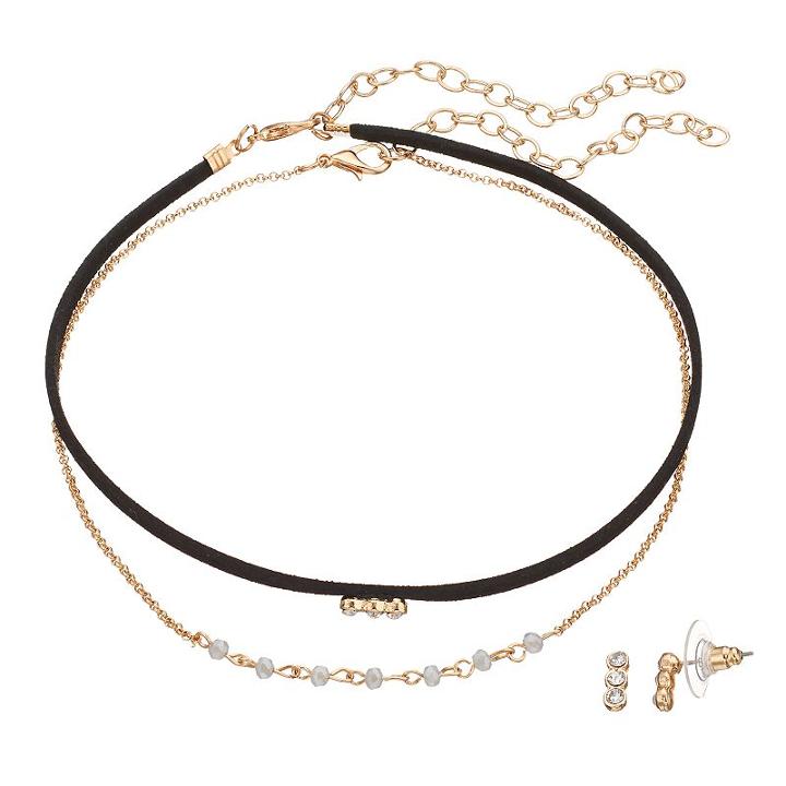 Lc Lauren Conrad 3-stone Choker Necklace & Drop Earring Set, Women's, Black