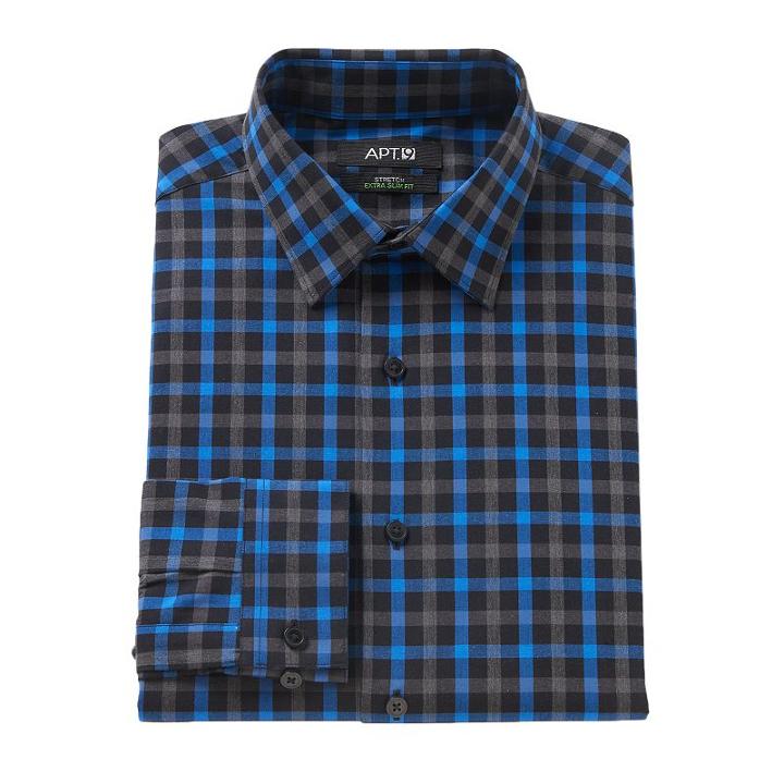 Men's Apt. 9&reg; Extra-slim Fit Gingham-checked Stretch Dress Shirt, Size: 17 36/37, Brt Blue