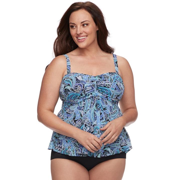 Plus Size A Shore Fit Tummy Slimmer Mesh Tankini Top, Women's, Size: 20 W, Blue