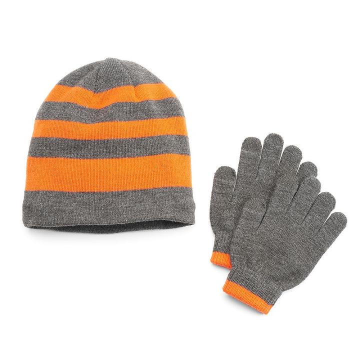 Boys 8-20 Tek Gear&reg; Warmtek Fleece-lined Striped Beanie & Solid Gloves Set, Boy's, Drk Orange