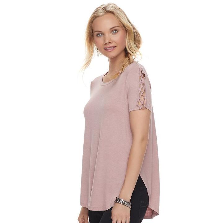 Juniors' Pink Rose Crisscross Short Sleeve Top, Teens, Size: Medium, Med Purple