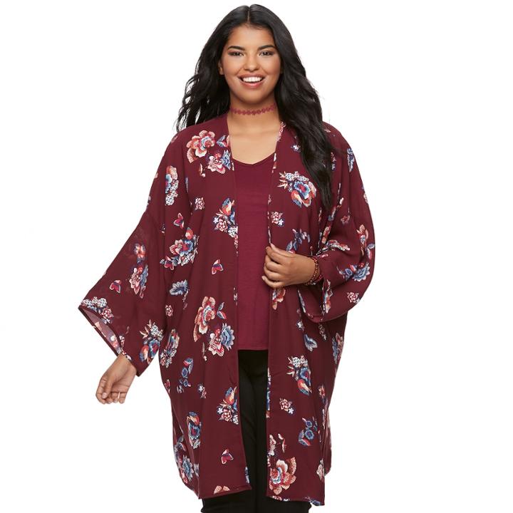 Junior's Plus Size Heart & Soul Lace Trim Floral Kimono, Teens, Size: 3xl, Dark Red