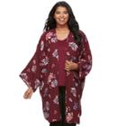 Junior's Plus Size Heart & Soul Lace Trim Floral Kimono, Teens, Size: 3xl, Dark Red