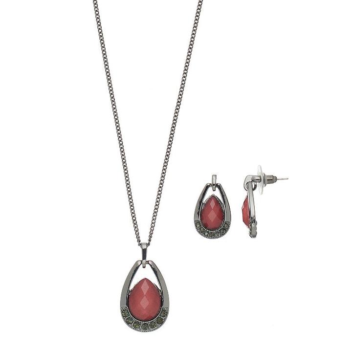 Red Teardrop Pendant Necklace & Earring Set, Women's, Dark Red