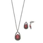 Red Teardrop Pendant Necklace & Earring Set, Women's, Dark Red