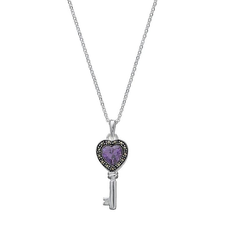 Silver Luxuries Cubic Zirconia & Marcasite Skeleton Key Pendant Necklace, Women's, Purple