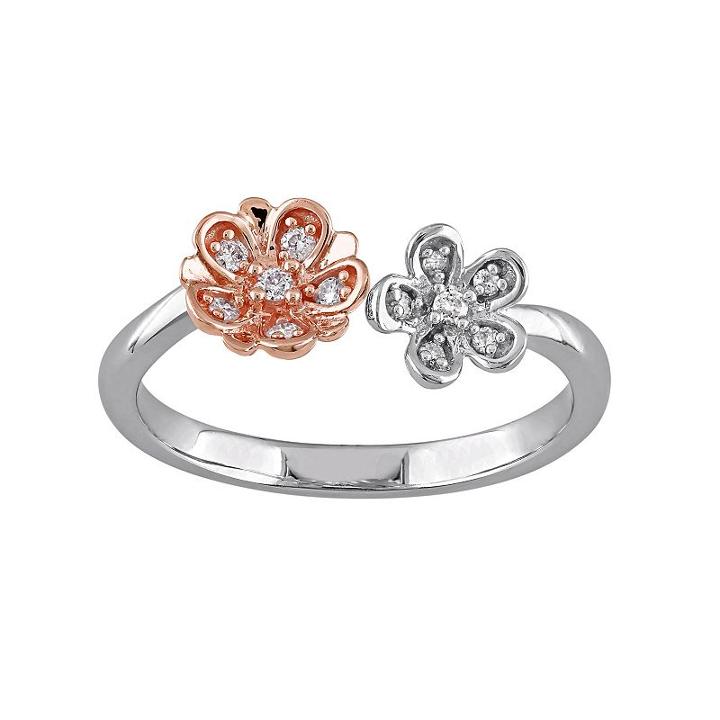 Laura Ashley Two Tone Sterling Silver 1/10 Carat T.w. Diamond Flower Ring, Women's, Size: 7, White