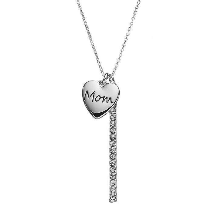 Crystal Collection Crystal Silver-plated Mom Heart Charm & Stick Pendant Necklace, Women's, Grey