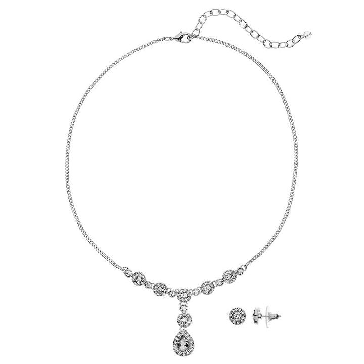 Napier Teardrop Y Necklace & Halo Stud Earring Set, Women's, Silver