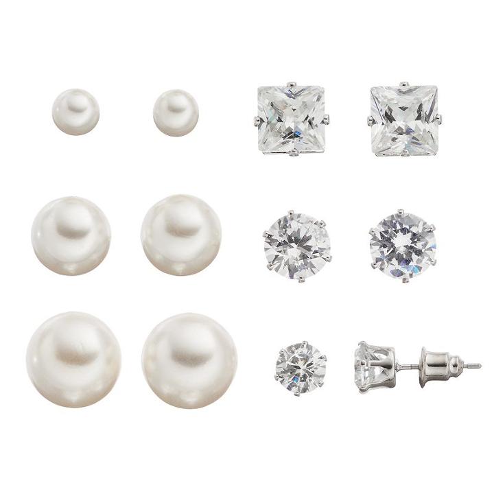 Mudd&reg; Cubic Zirconia & Simulated Pearl Stud Earring Set, Teens, White