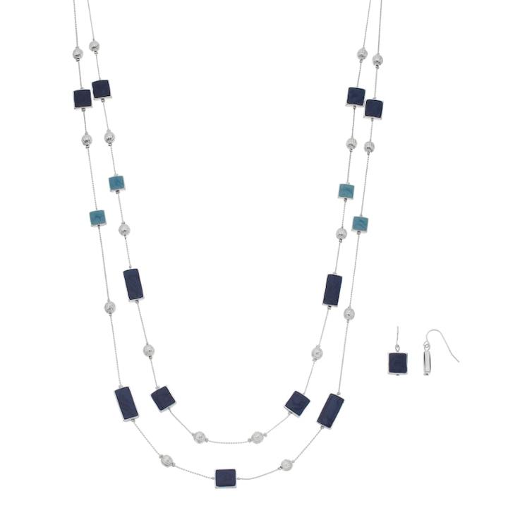 Beaded Double-row Illusion Necklace & Drop Earring Set, Women's, Blue
