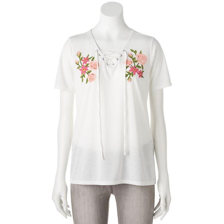 Juniors' Floral Lace-up Graphic Tee, Girl's, Size: Small, White Oth