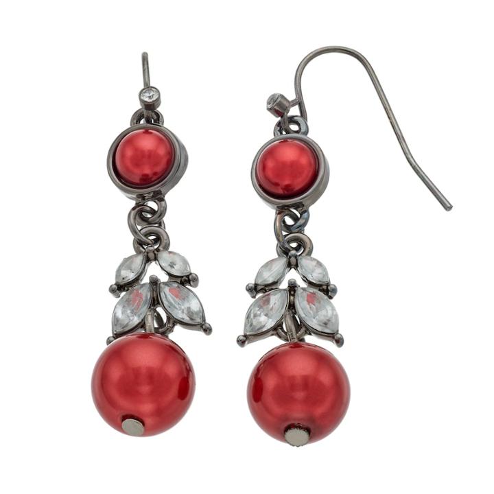 Red Simulated Pearl Nickel Free Linear Earrings, Women's