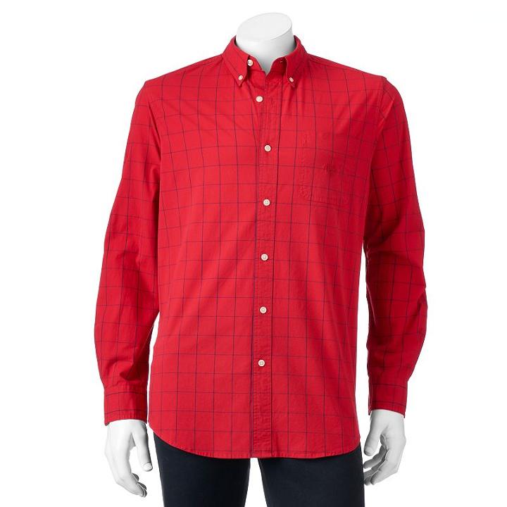 Men's Chaps Classic-fit Tattersall Plaid Stretch Poplin Button-down Shirt, Size: Medium, Red