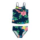 Toddler Girl Carter's Ruffled Tropical Flower Tankini Top & Bottoms Swimsuit Set, Size: 3t, Blue (navy)
