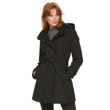 Women's Sebby Collection Quilted Trench Coat, Size: Large, Black