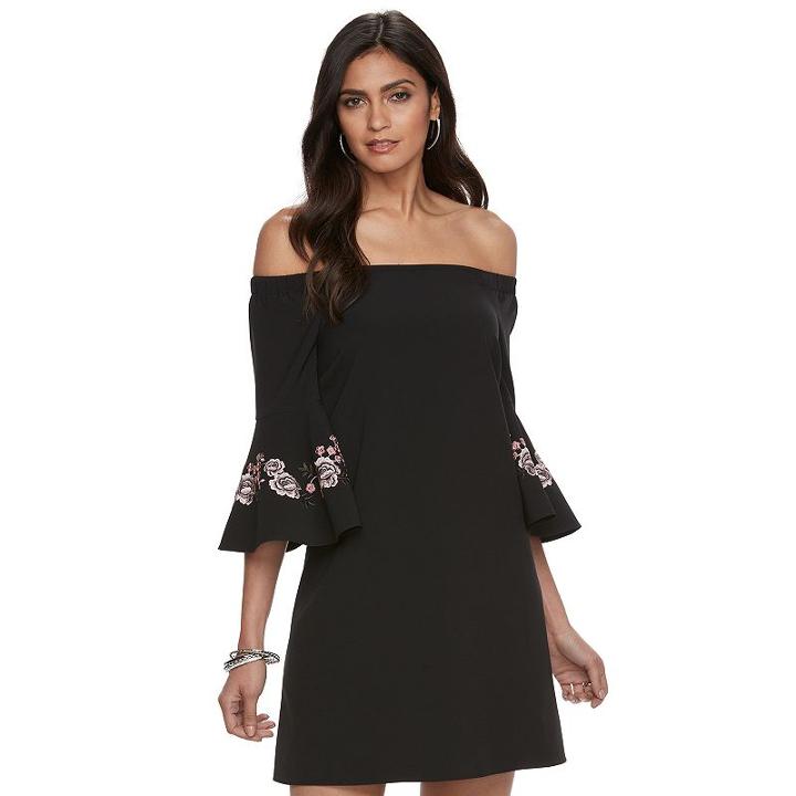 Women's Jennifer Lopez Off-the-shoulder Embroidered Shift Dress, Size: Xs, Black