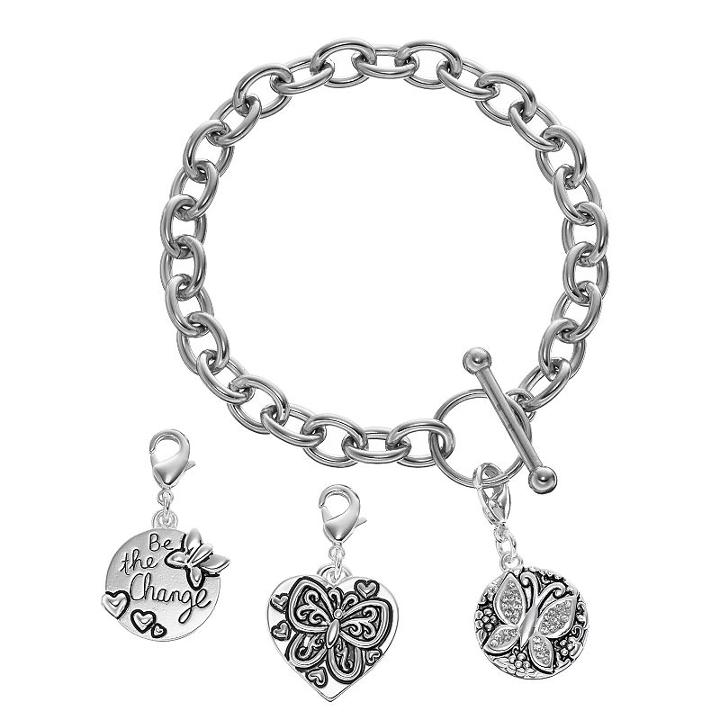 Love This Life Silver Plated Be The Change Heart & Butterfly Charm & Bracelet Set, Women's, Grey