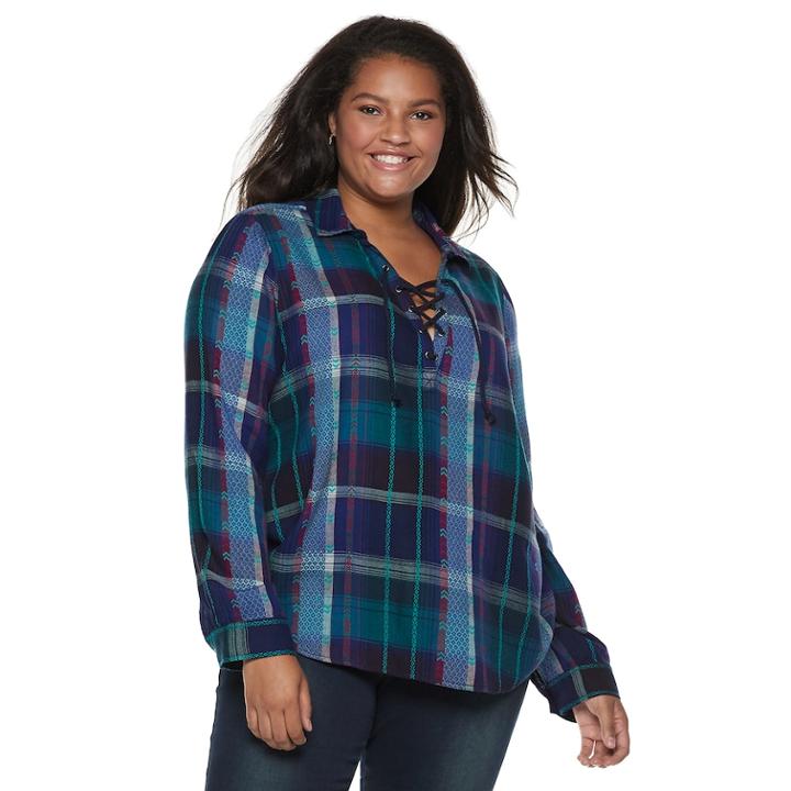 Juniors' Plus Size Mudd&reg; Plaid Lace-up Flannel Shirt, Teens, Size: 1xl, Blue (navy)
