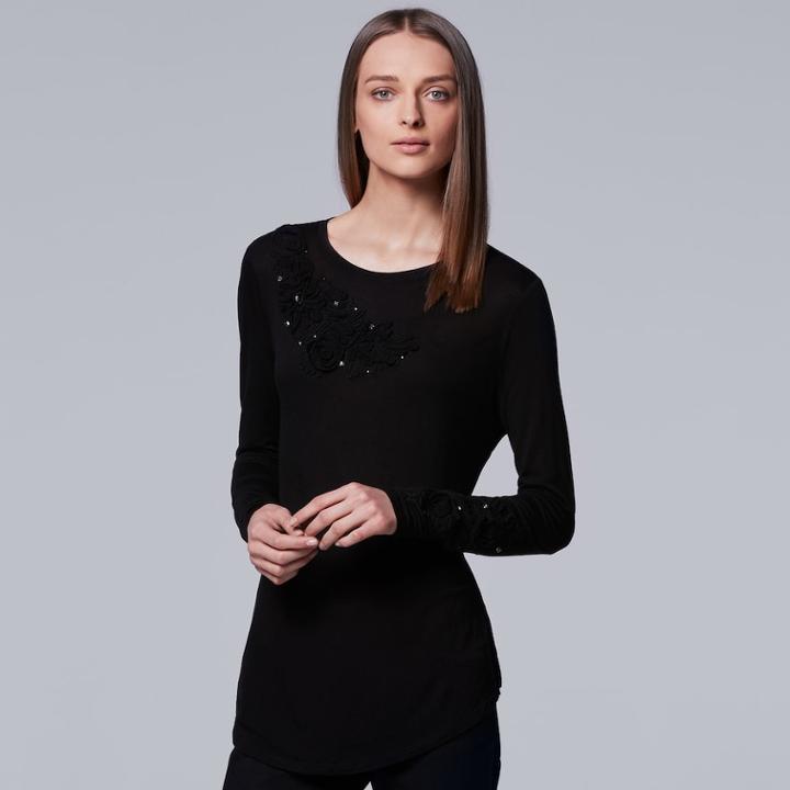 Petite Simply Vera Vera Wang Embellished Soutache Tee, Women's, Size: S Petite, Black