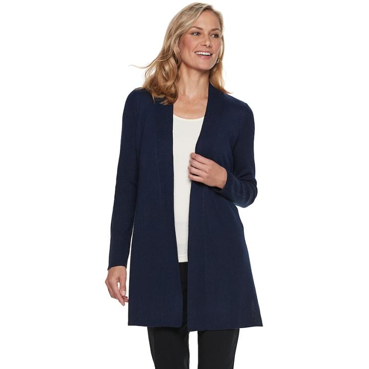 Women's Dana Buchman Ribbed Long Cardigan Sweater, Size: Medium, Blue (navy)