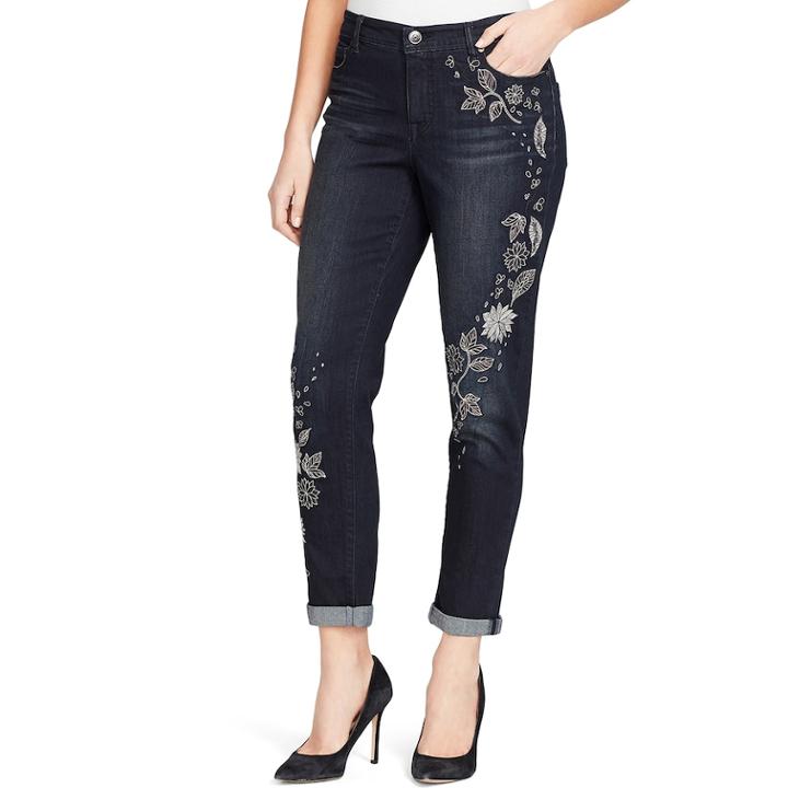 Women's Bandolino Karyn Embroidered Midrise Slim Boyfriend Jeans, Size: 16, Dark Blue
