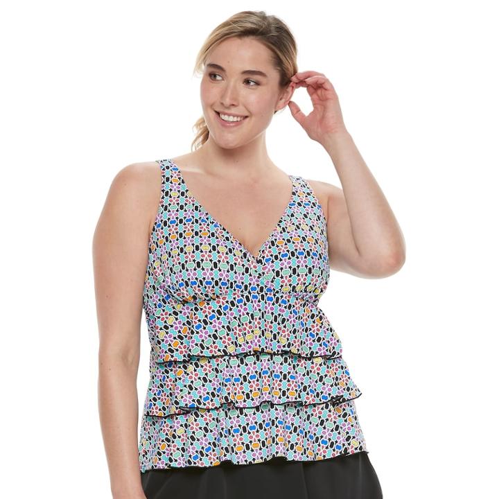 Plus Size A Shore Fit Tummy Slimmer Tiered Tankini Top, Women's, Size: 22 W, Star Crossed Geo Multi