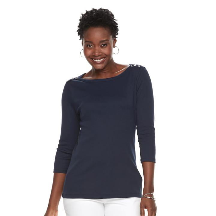 Women's Croft & Barrow&reg; Button-shoulder Boatneck Tee, Size: Small, Blue