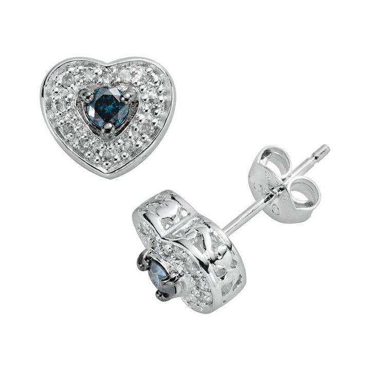 Sterling Silver 1/3-ct. T.w. Blue And White Diamond Heart Stud Earrings, Women's