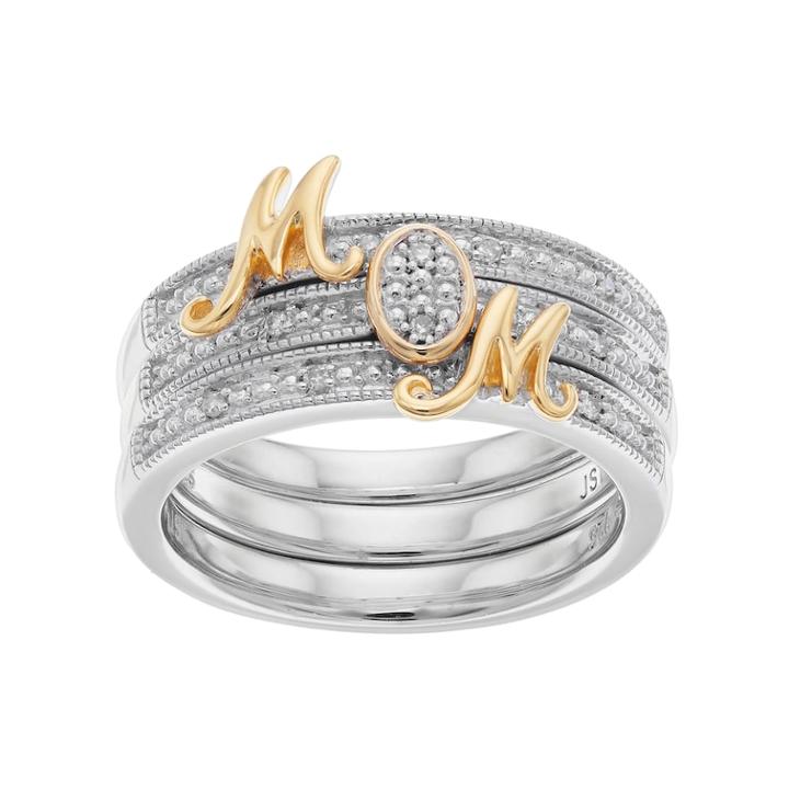 Two Tone Sterling Silver Diamond Accent Mom Stack Ring Set, Women's, Size: 6, White