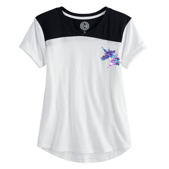 Girls 7-16 & Plus Size So&reg; Flippy Sequin Pocket V-neck Tee, Size: 16 1/2, White